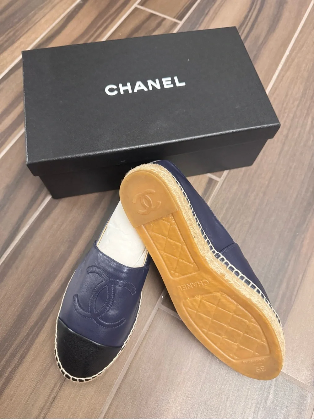 CHANEL Navy, Black and White Leather Espadrilles